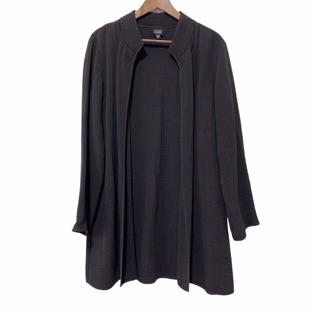 Eileen Fisher Size M Black Silk Blend Textured Long Open Front Cardigan Jacket